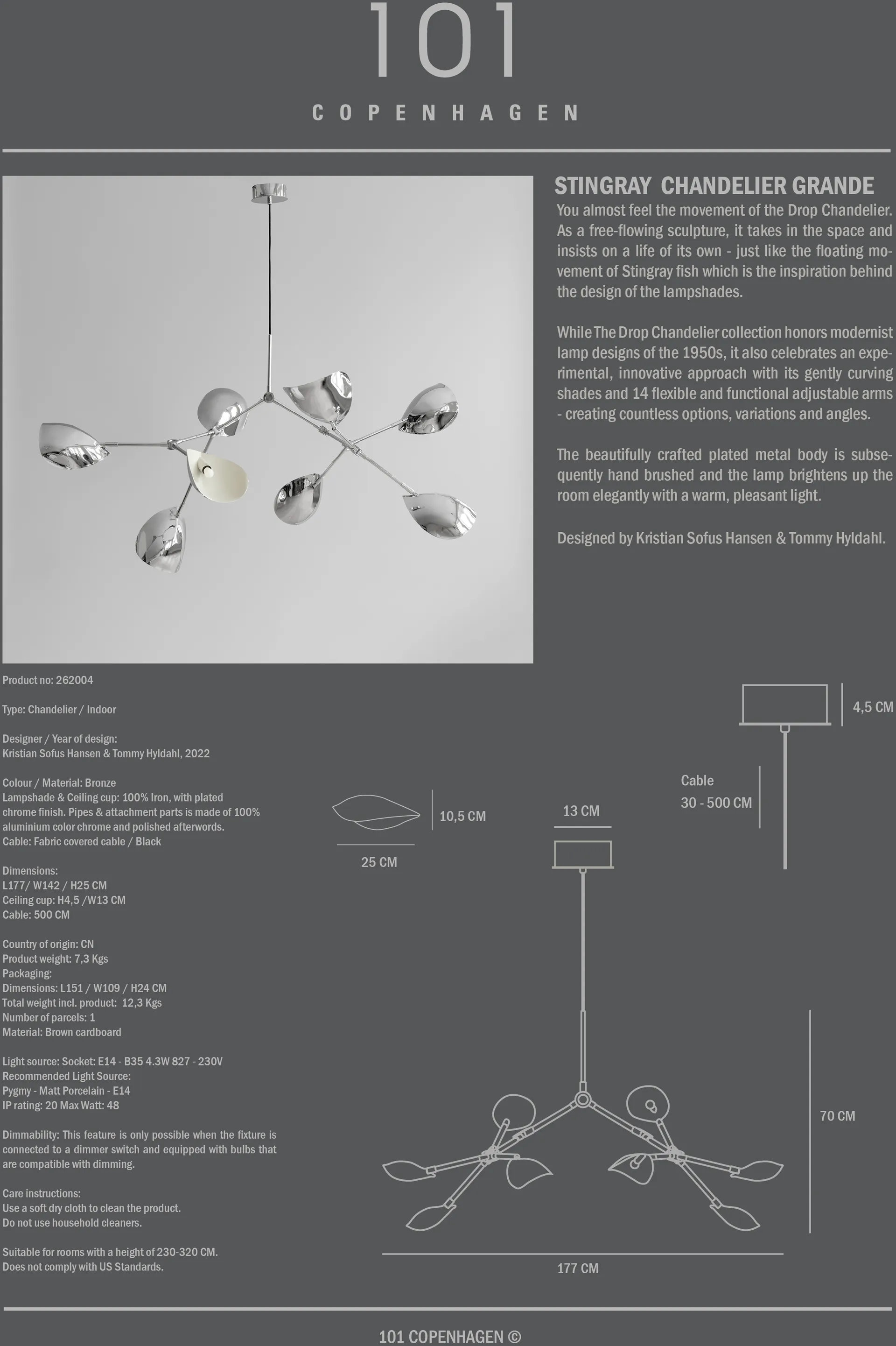 Stingray lysekrone Grande, Chrome 101 Copenhagen