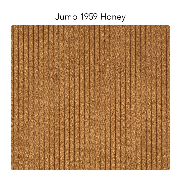Bredhult sofa, 3-pers. stof Jump 1959 honey, hvidolierede ben i eg 1898