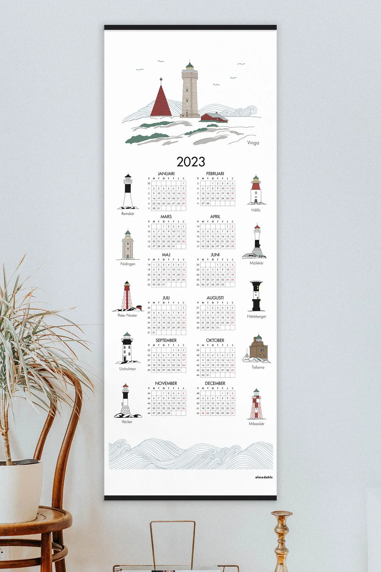 Svenske fyrtårne kalender 2023, 35x90 cm Almedahls