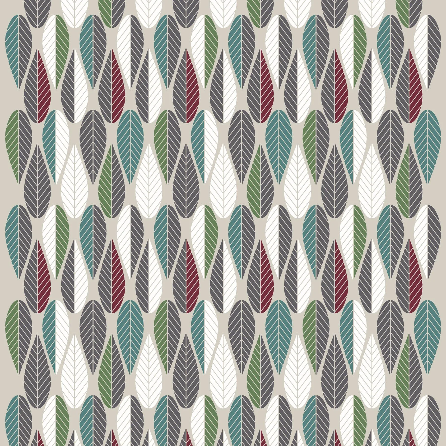 Blader tekstil, vinrød-grøn-grå Arvidssons Textil