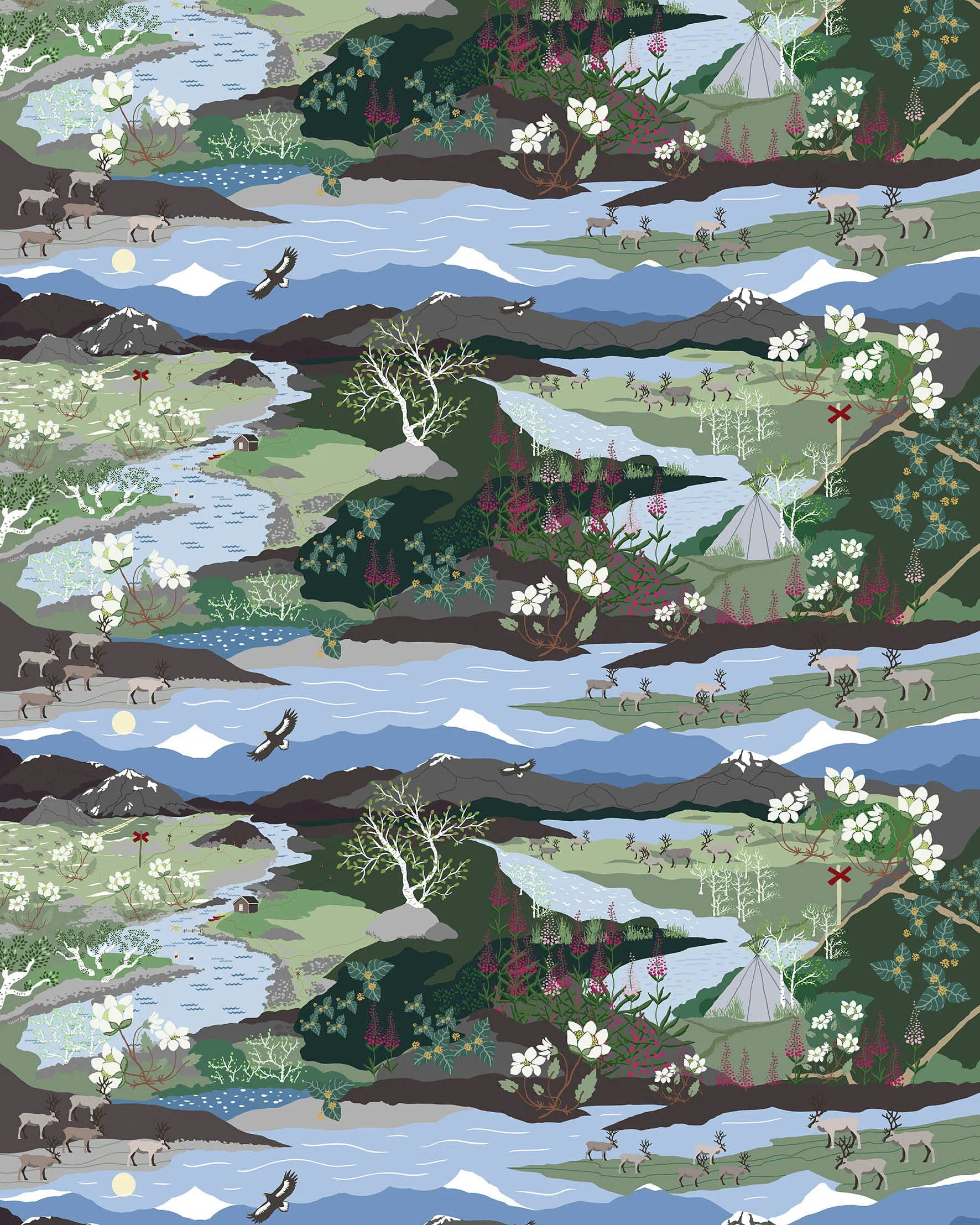 Fjällvandring stof, Blå/Grøn Arvidssons Textil