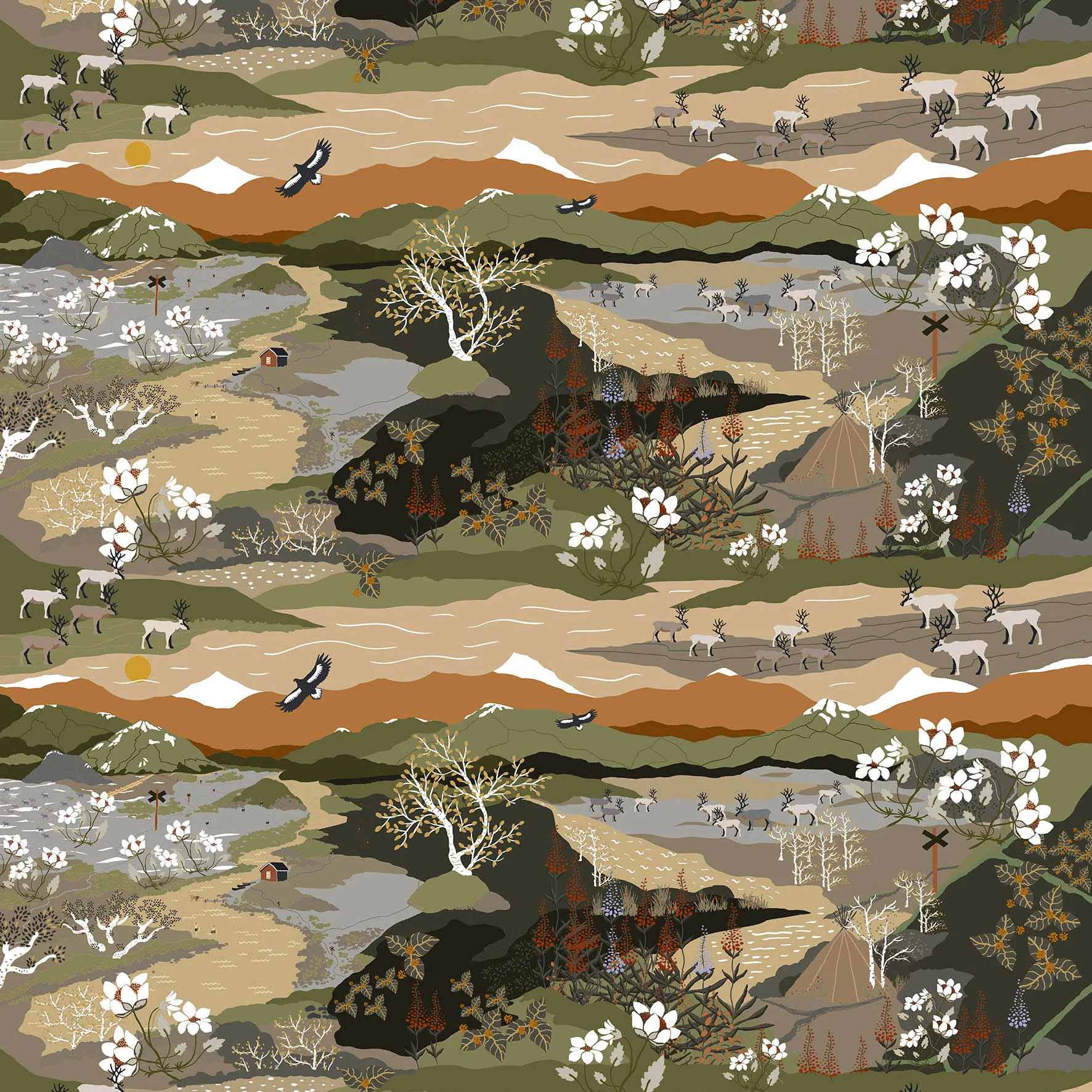 Fjällvandring stof, Grøn/Rust Arvidssons Textil