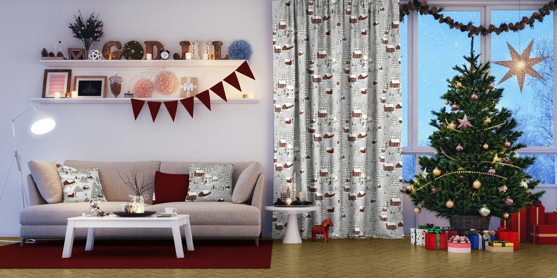 Timmerbyn stof, Grå/Rød Arvidssons Textil