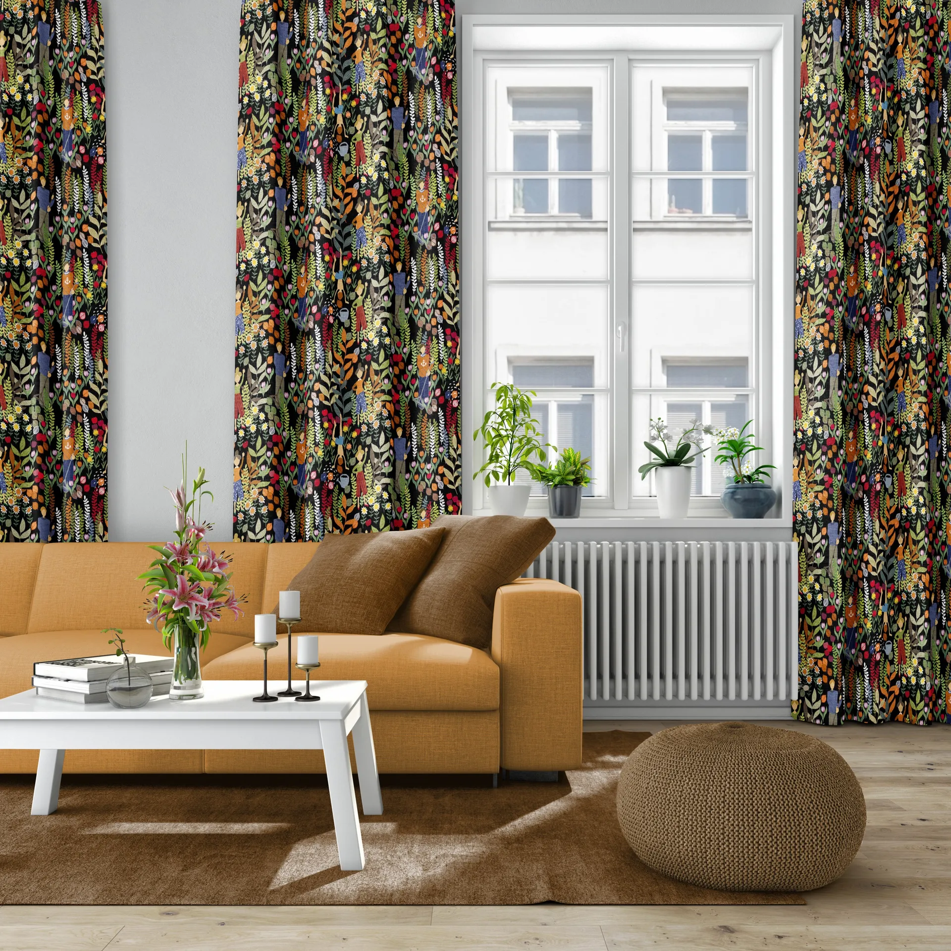 Trädgård stof, Sort/Multi Arvidssons Textil