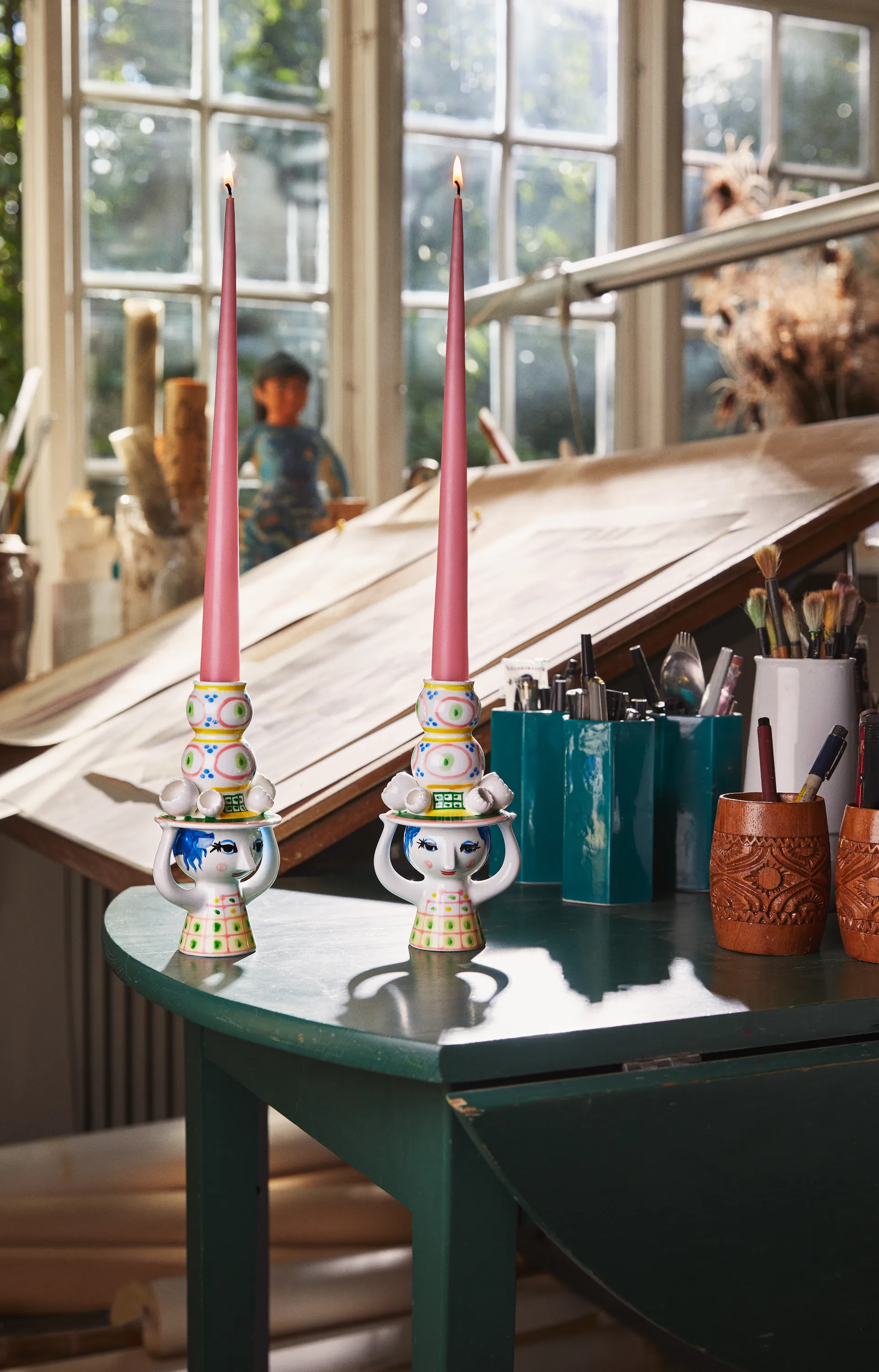 Dame med hat lysestage H16 cm, Rosa Bjørn Wiinblad