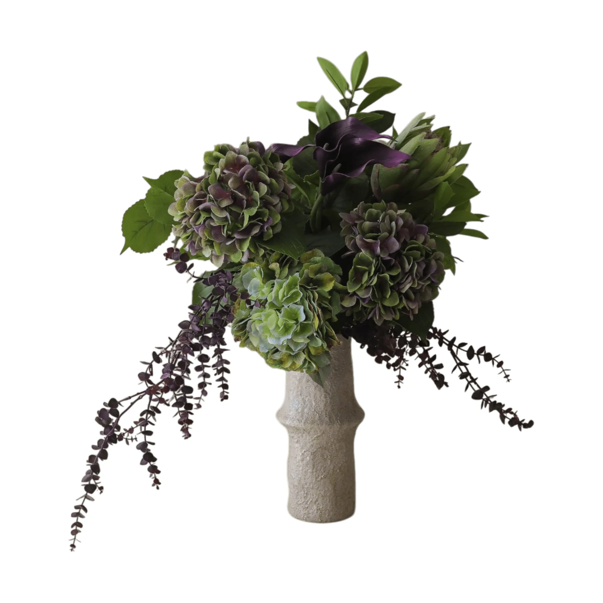 Aubergine Bloom kunstig buket, Kalla-hortensia-kongeprotea, 106 cm, 12 stk Botané