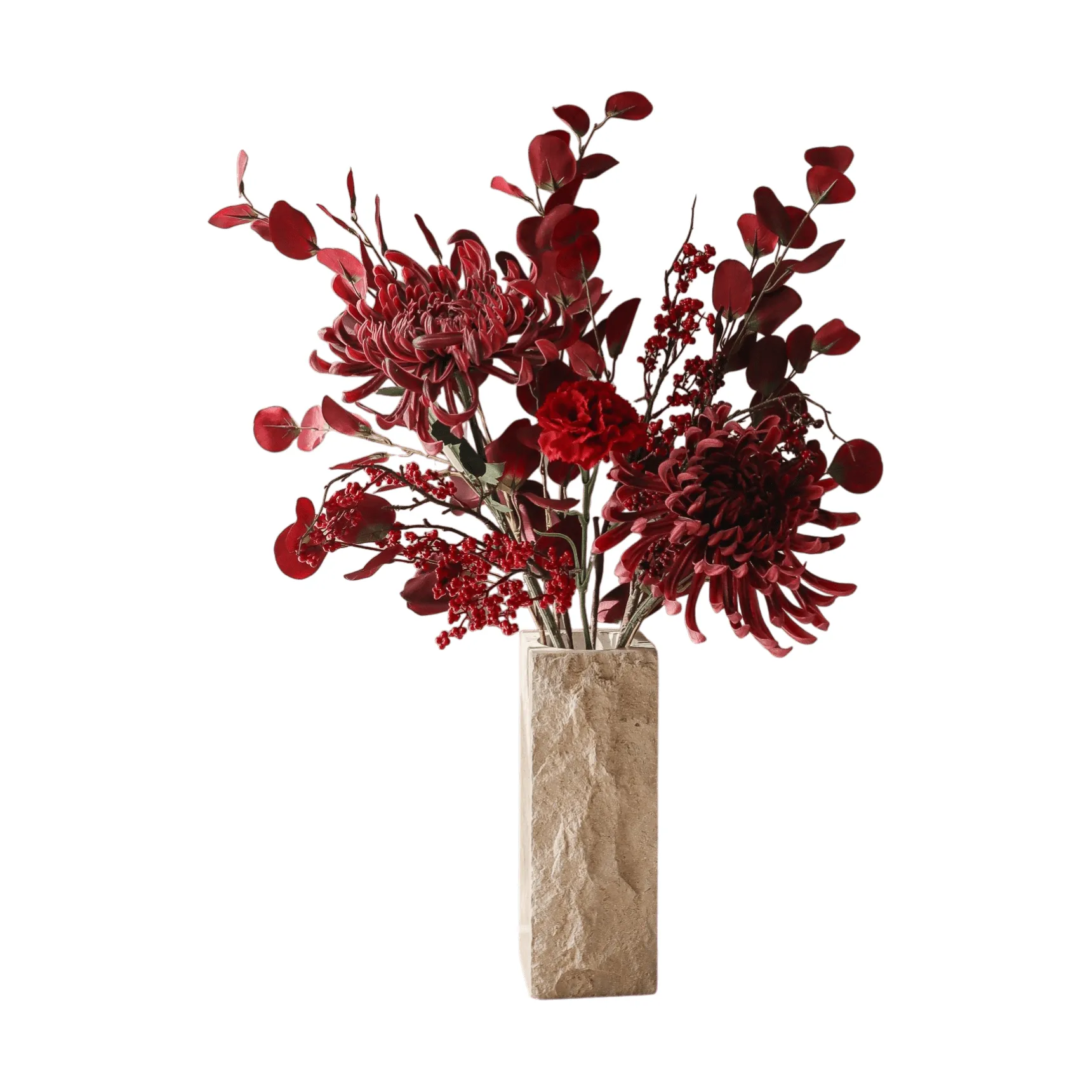 Berry drama kunstig buket, Spindel-krysantemum, nellike, eukalyptus, 84 cm Botané