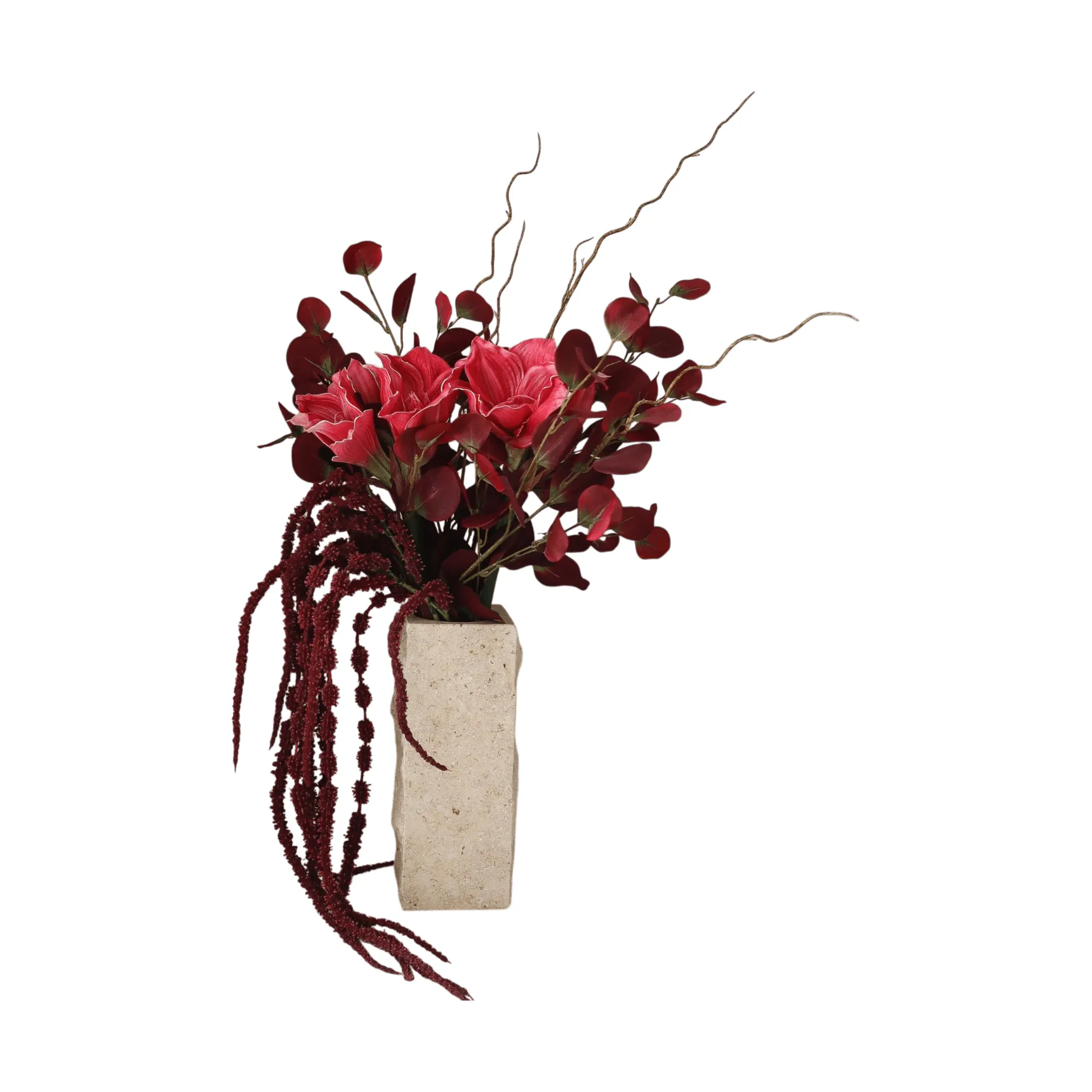 Deep Bloom kunstig buket, Amaryllis, eucalyptus, amarant, grene, 120 cm Botané