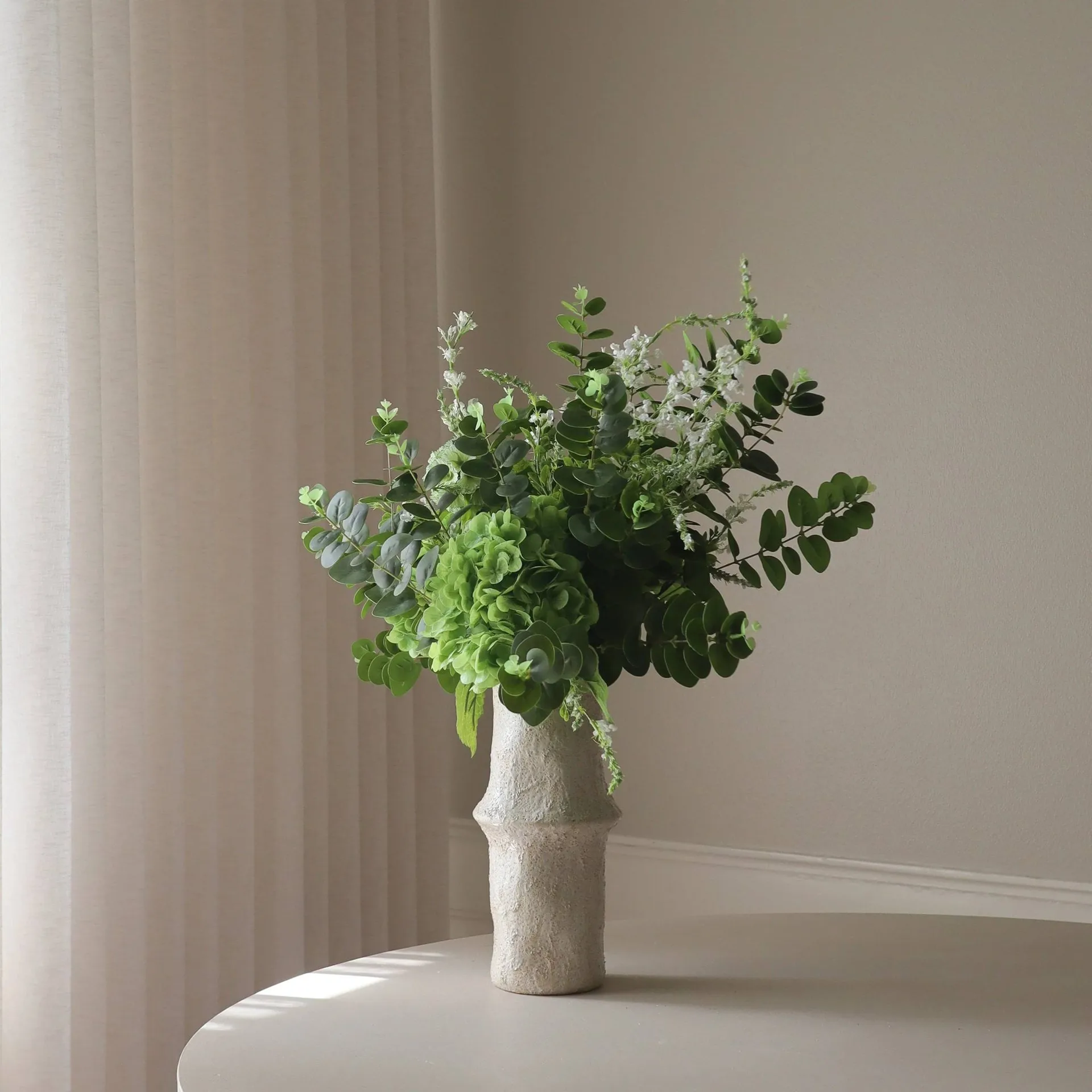 Deep Green kunstig buket, Hortensia-vildblomster-eukalyptus-væddkvist 15 stk Botané