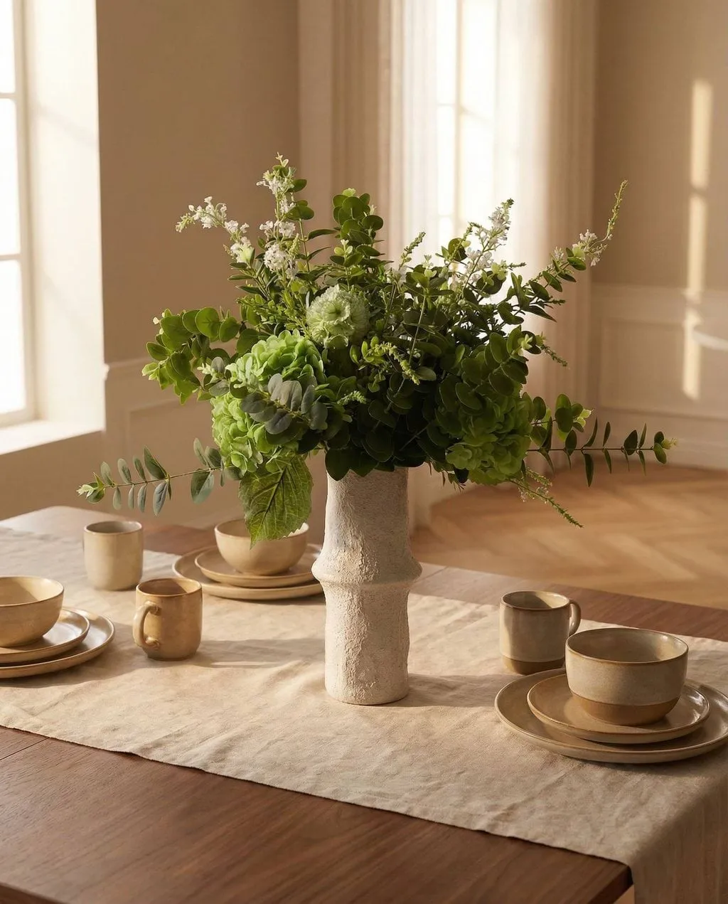 Deep Green kunstig buket, Hortensia-vildblomster-eukalyptus-væddkvist 15 stk Botané