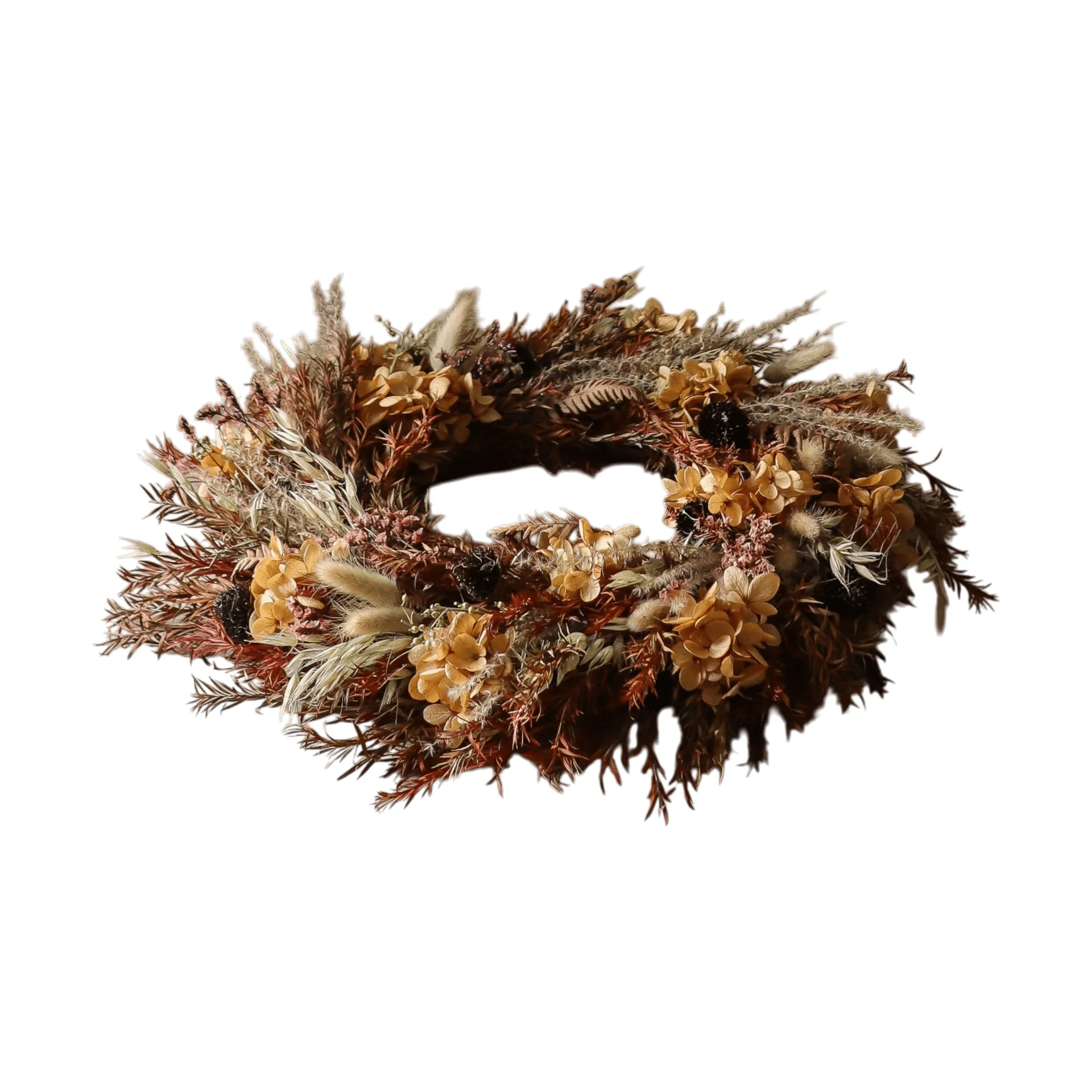 Golden Meadow Wreath blomsterkrans, Hortensia-tørret græs-bregne-hareører, Ø40 cm Botané