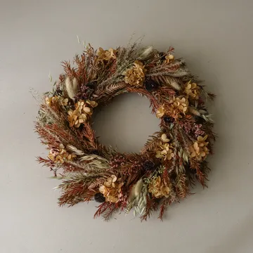 Golden Meadow Wreath blomsterkrans - Hortensia-tørret græs-bregne-hareører, Ø40 cm - Botané