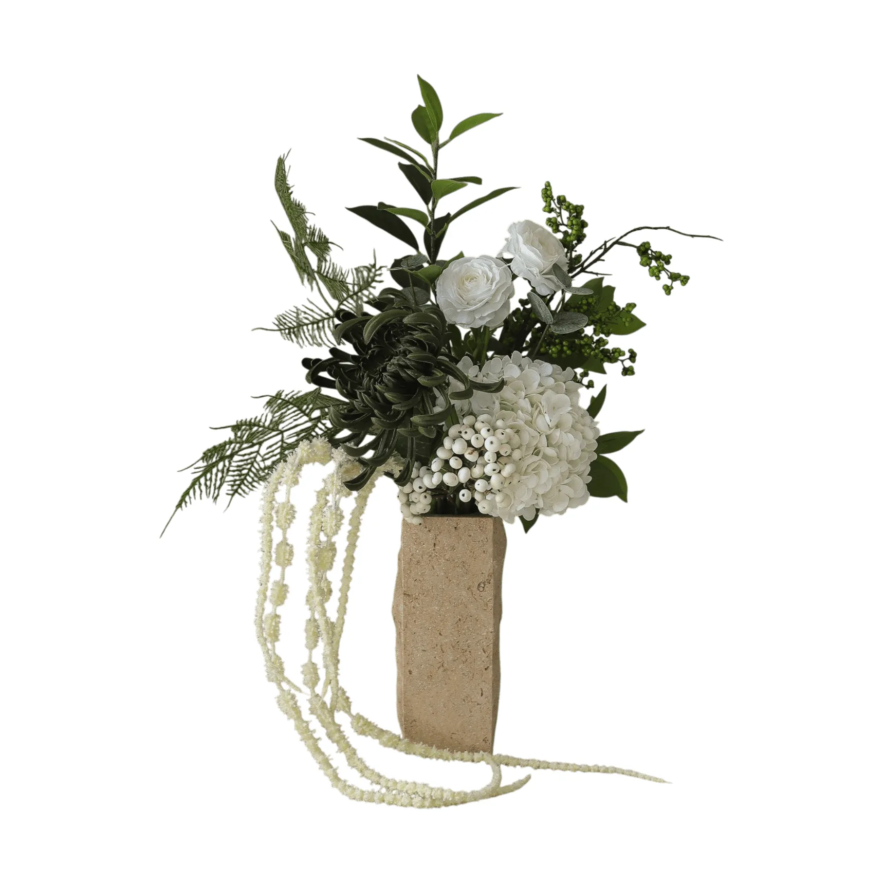 Green veil kunstig buket, Ranunkel, hortensia, amarant, 85 cm Botané