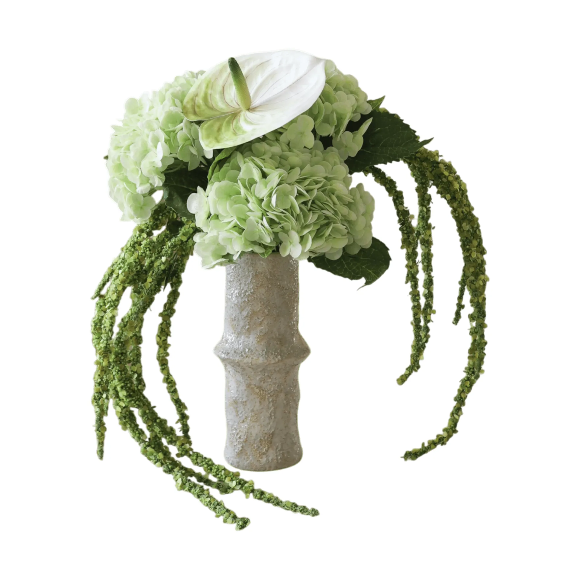 Kunstig blombuket Dewdrop Symphony, Hortensia-lysegrøn anthurium-amarant 6 stk Botané
