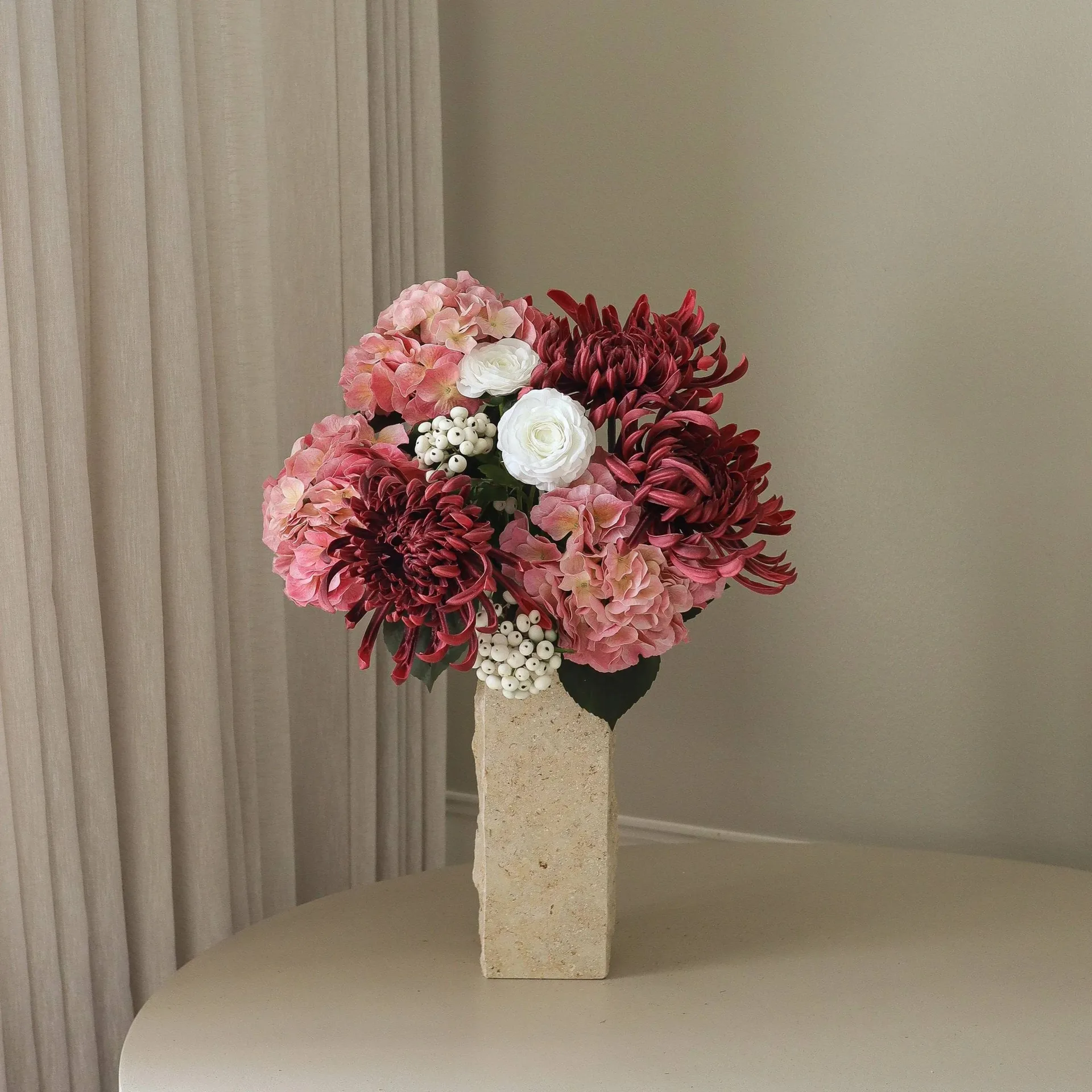 Rose reverie kunstig buket, Hortensia, edderkop-krysantemum, ranunkel, 77 cm Botané
