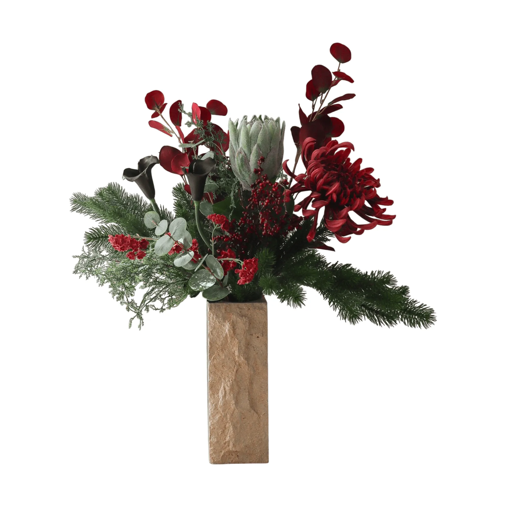 Wild winter kunstig buket, Protea, edderkopkrysantemum, kalla, eukalyptus, 84 cm Botané
