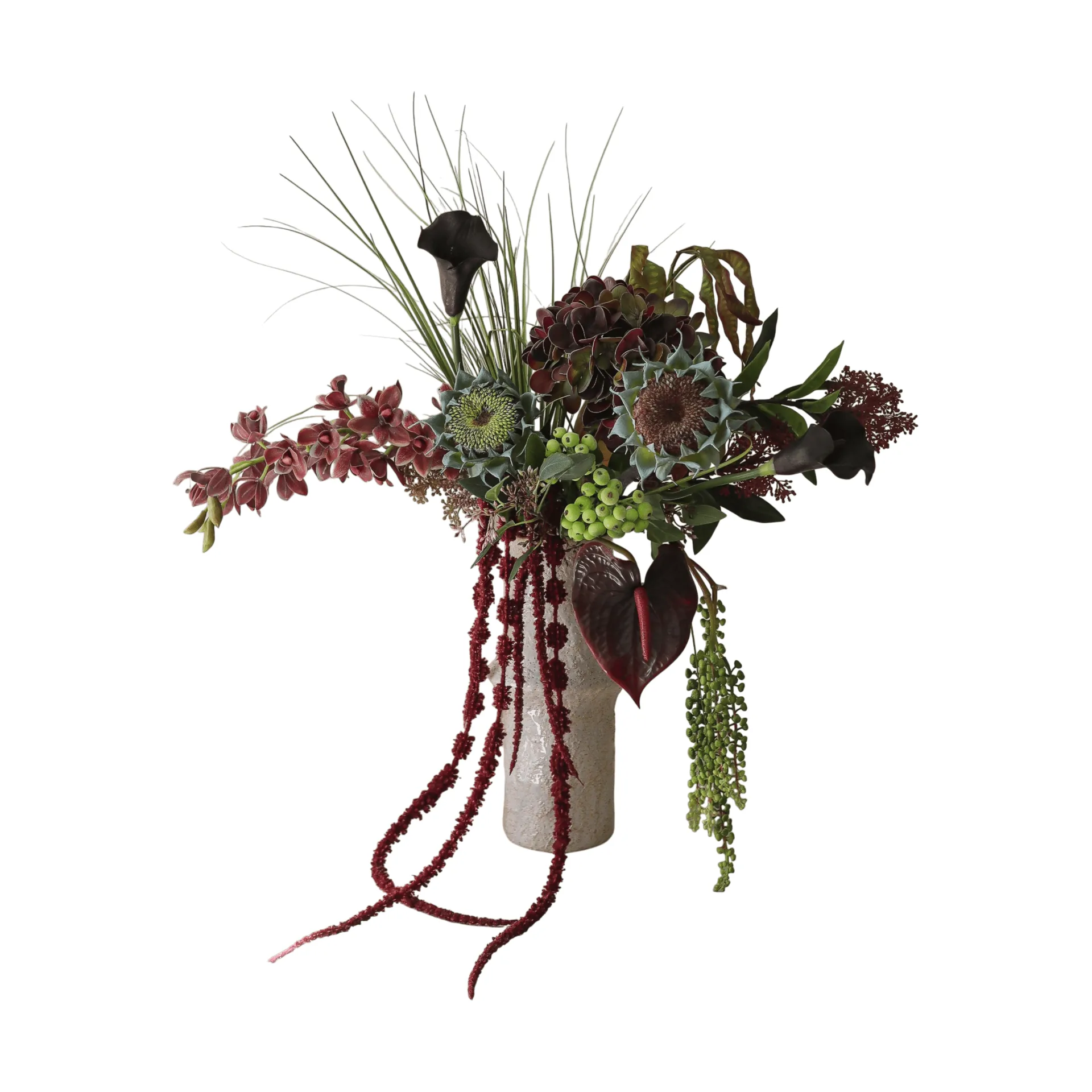 Woodland Nocturne kunstig buket, Kalla-anthurium-hortensia-efterårssolrose, 112 cm, 14 stk Botané