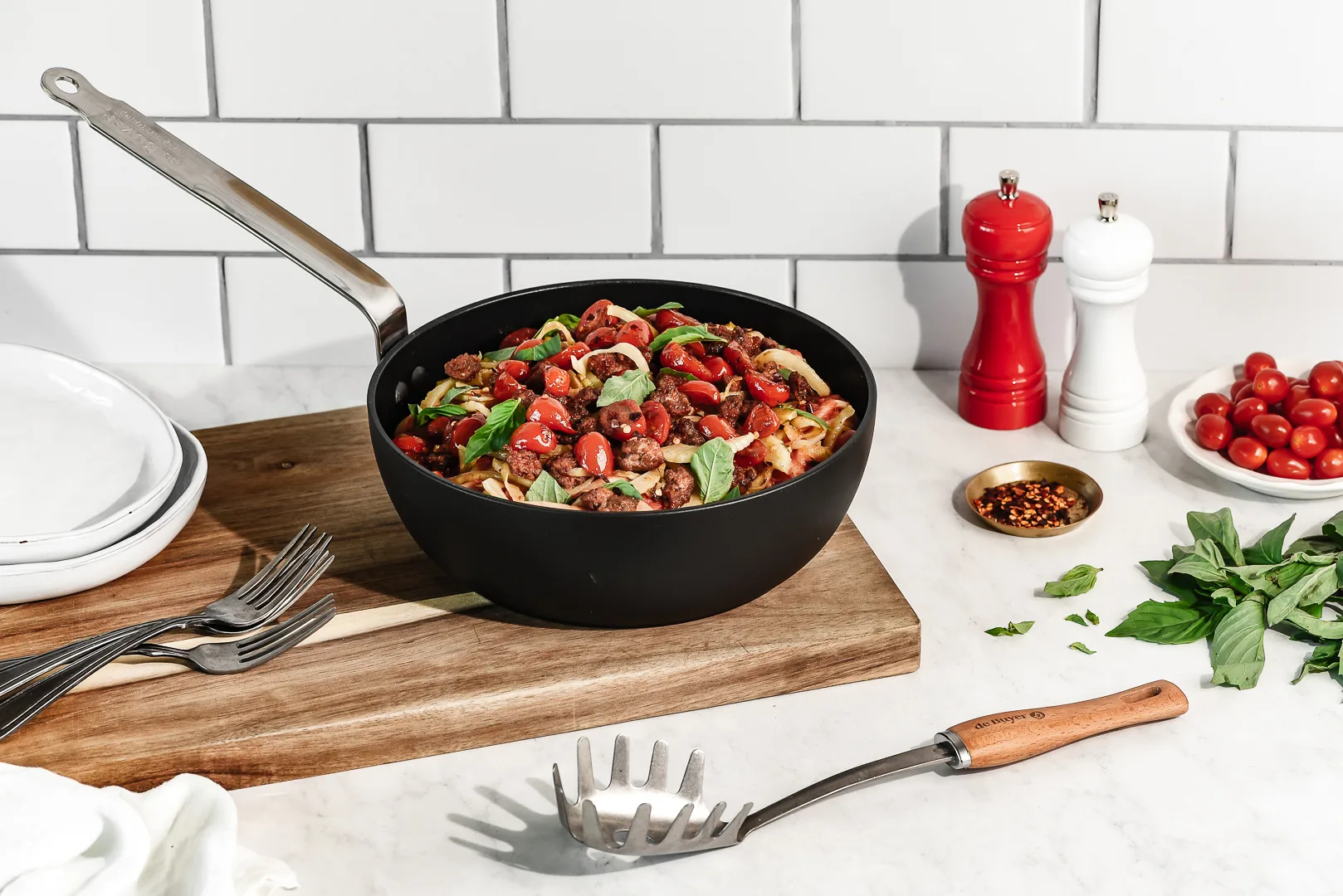 De Buyer B Bois spaghettiske med træhåndtag, Rustfrit stål De Buyer