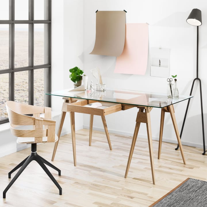 Arco skrivebord, hvid lak, inkl. skuffe, glasplade Design House Stockholm