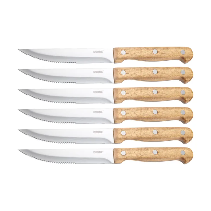 BBQ steakkniv - Rustfrit stål, 6-pak, trææske akacie, 22,5x2 cm - Dorre
