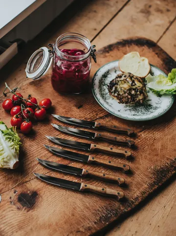 BBQ steakkniv - Rustfrit stål, 6-pak, trææske akacie, 22,5x2 cm - Dorre