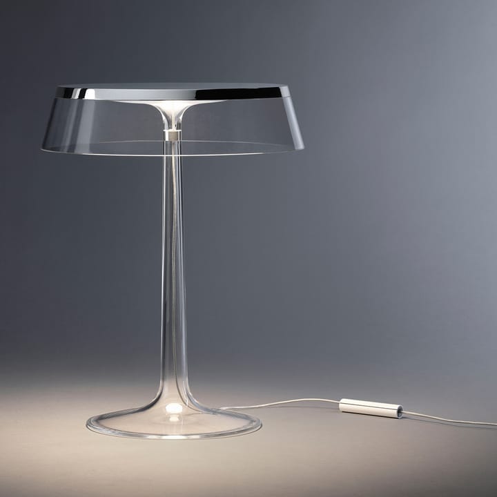 Bon Jour T bordlampe, Chrome-soft stof skærm Flos