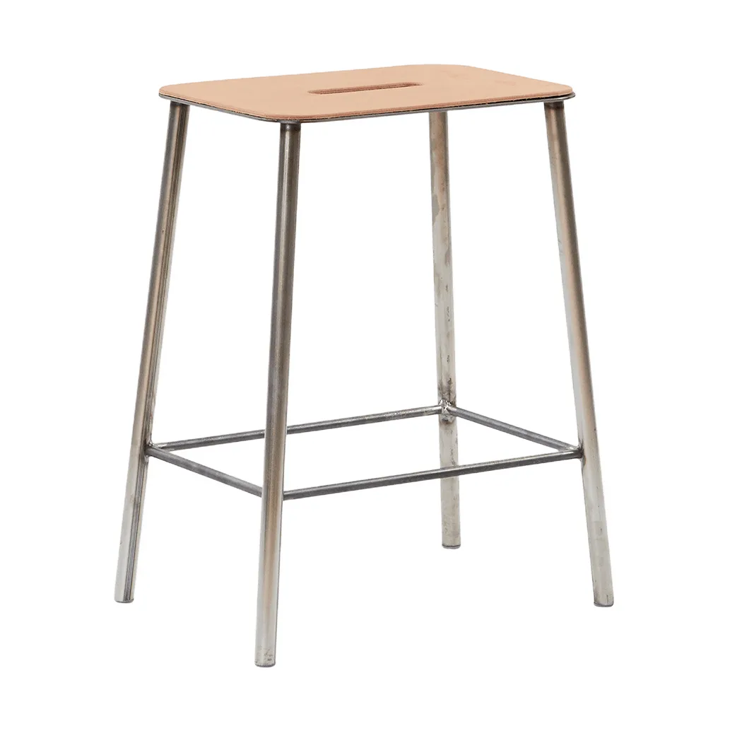 Adam skammel, Raw steel-natural leather, H:50 cm FRAMA