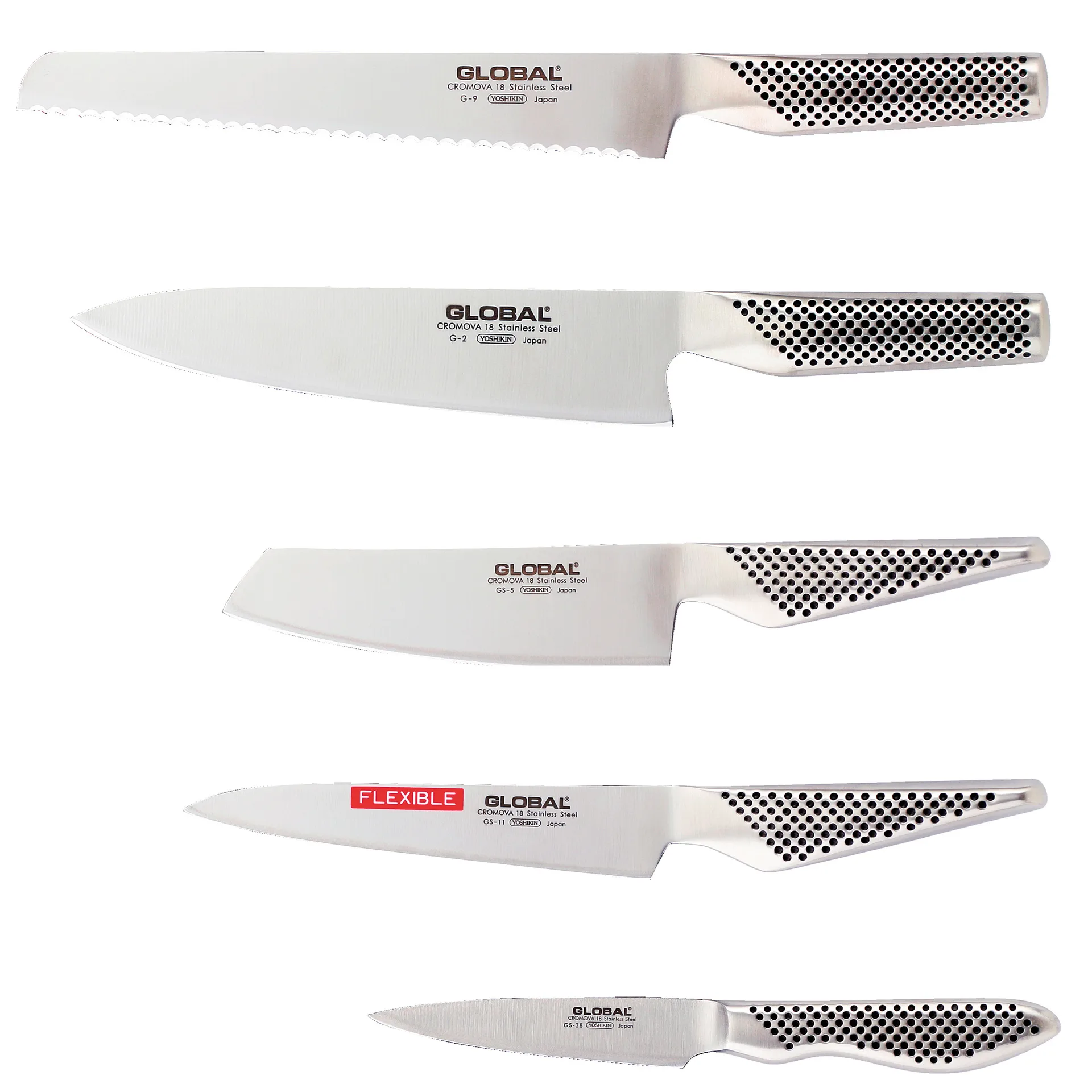 Global G-2951138R knivsæt, 5 knive, Rustfrit stål Global