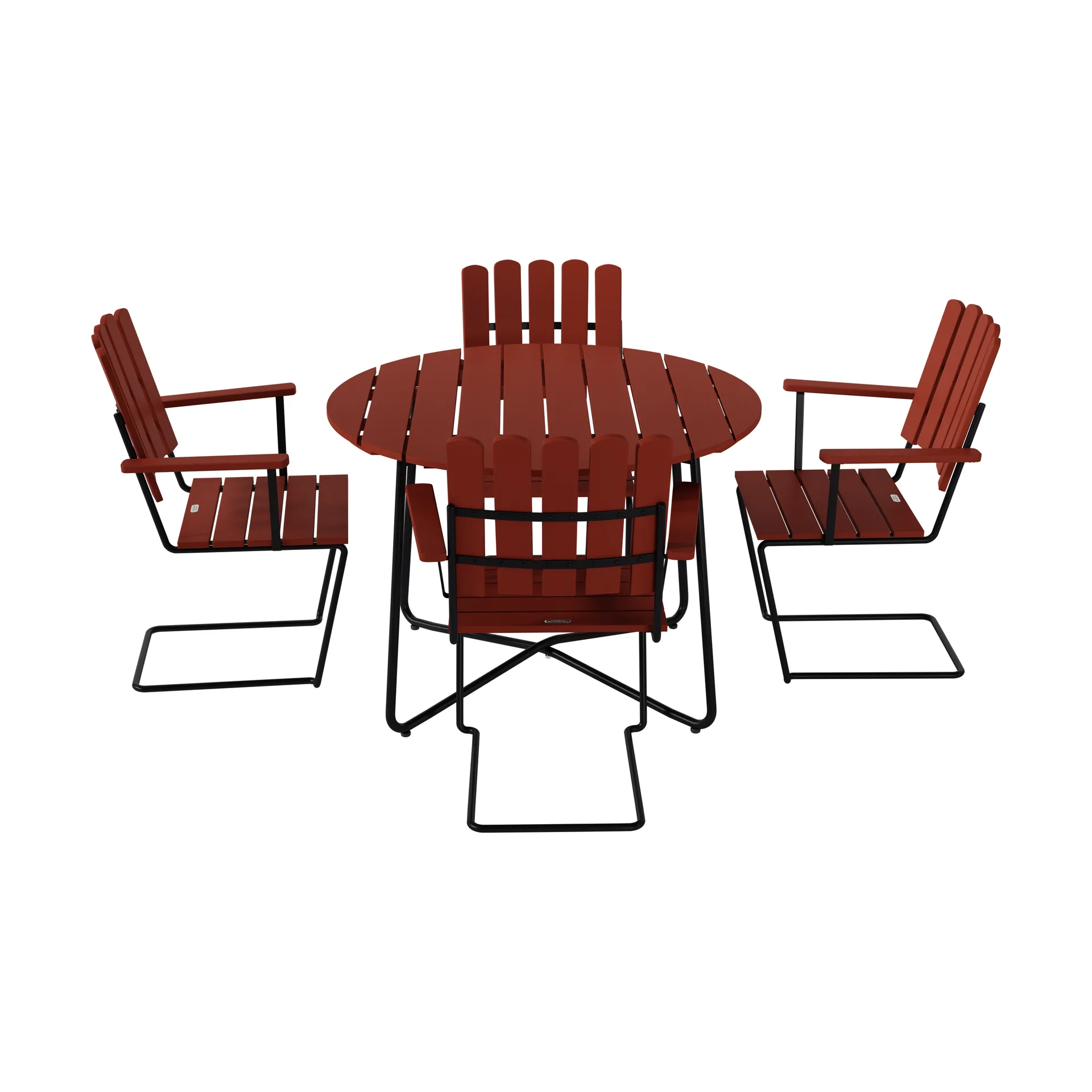 9A spisebord Ø100 cm + 4 A2 lænestol, mørkerød eg-sort stel Grythyttan Stålmöbler