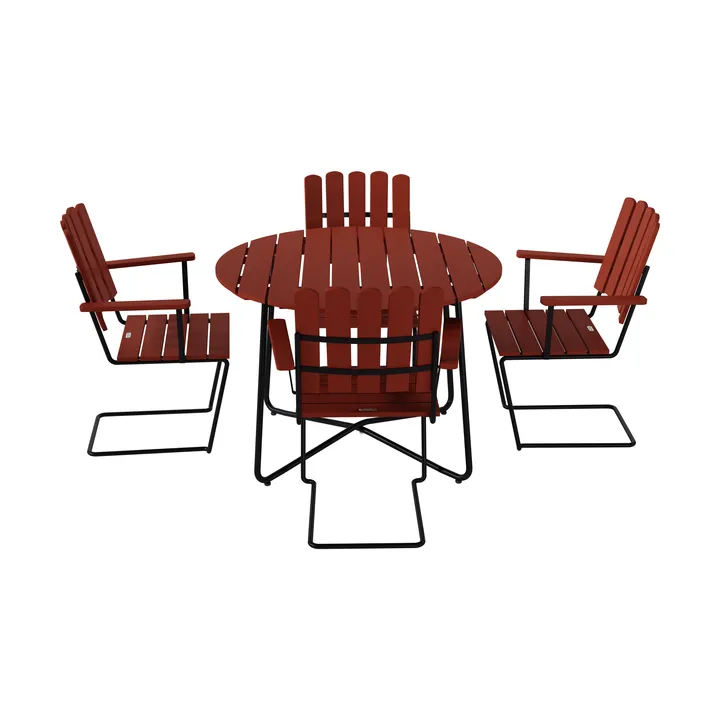 9A spisebord Ø100 cm + 4 A2 lænestol, mørkerød eg-sort stel - Grythyttan Stålmöbler