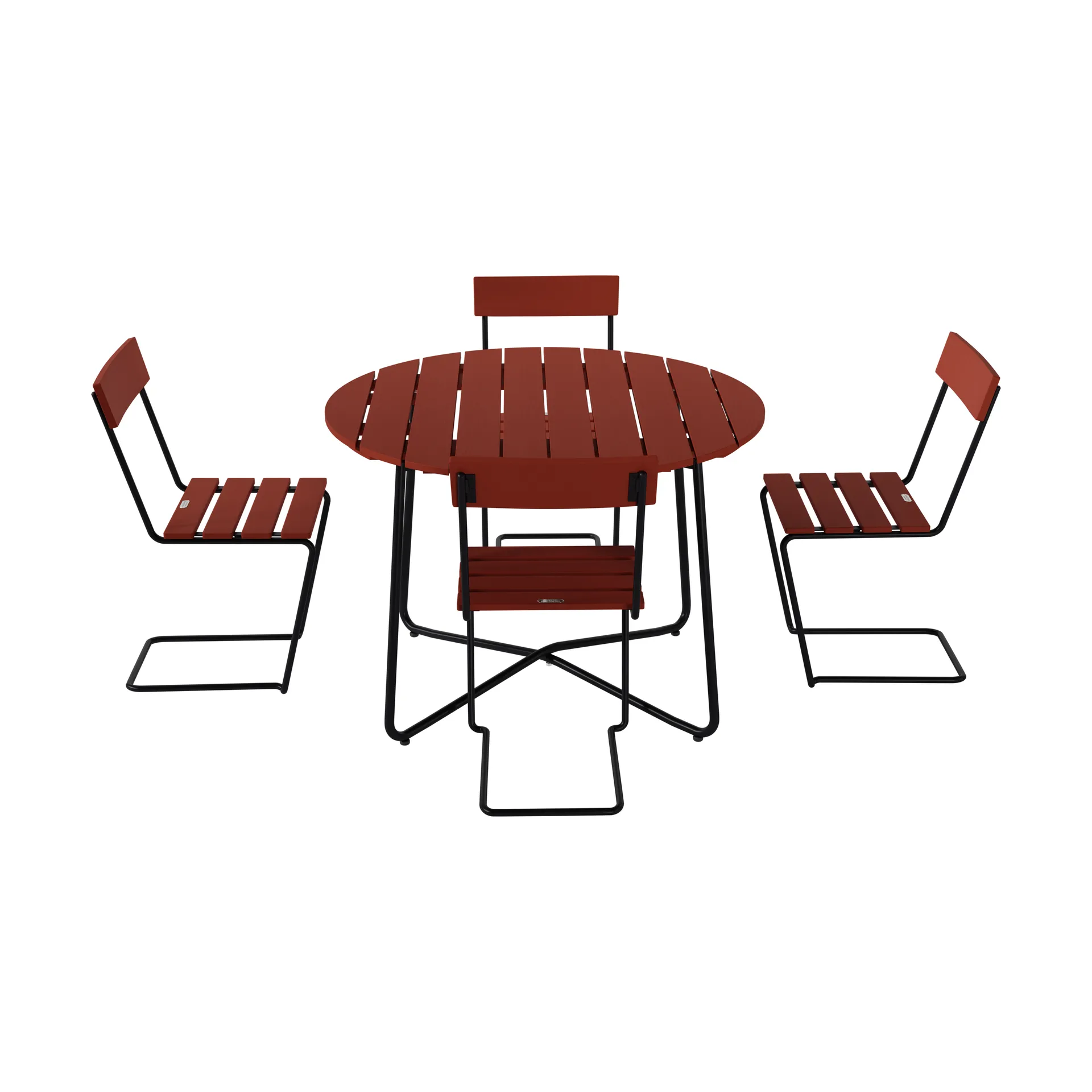 9A spisebord Ø100 cm + 4 Stol 1, mørkerød eg-sort stel,  Grythyttan Stålmöbler