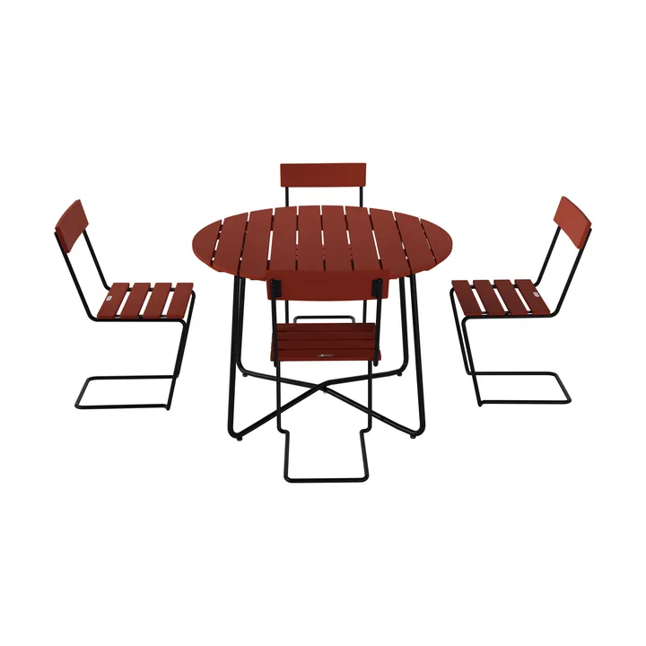 9A spisebord Ø100 cm + 4 Stol 1, mørkerød eg-sort stel - Grythyttan Stålmöbler