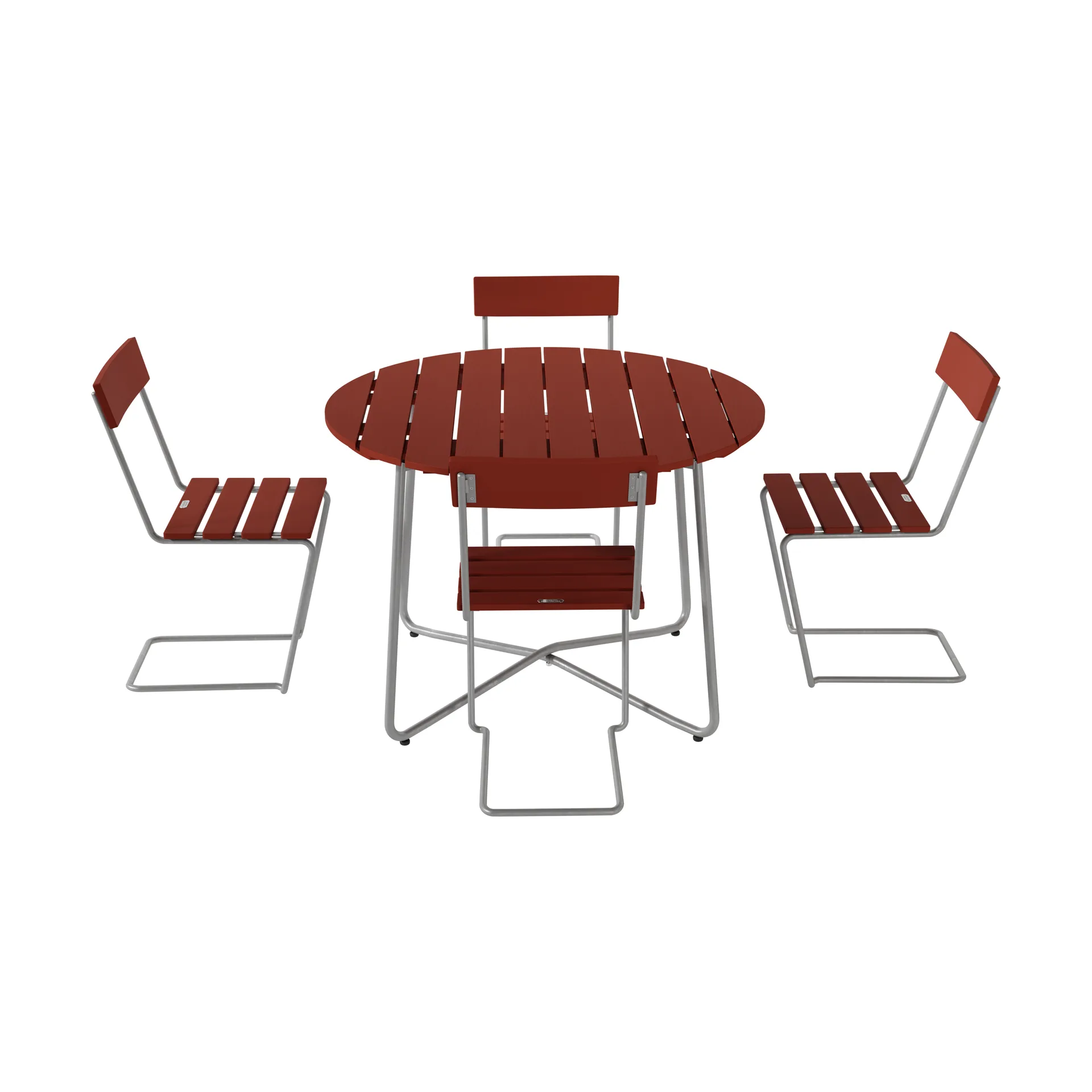 9A spisebord Ø100 cm + 4 Stol 1, mørkerød eg-varmforzinket,  Grythyttan Stålmöbler