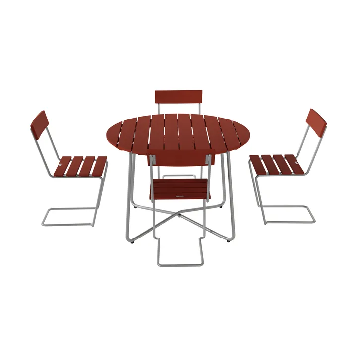 9A spisebord Ø100 cm + 4 Stol 1, mørkerød eg-varmforzinket - Grythyttan Stålmöbler