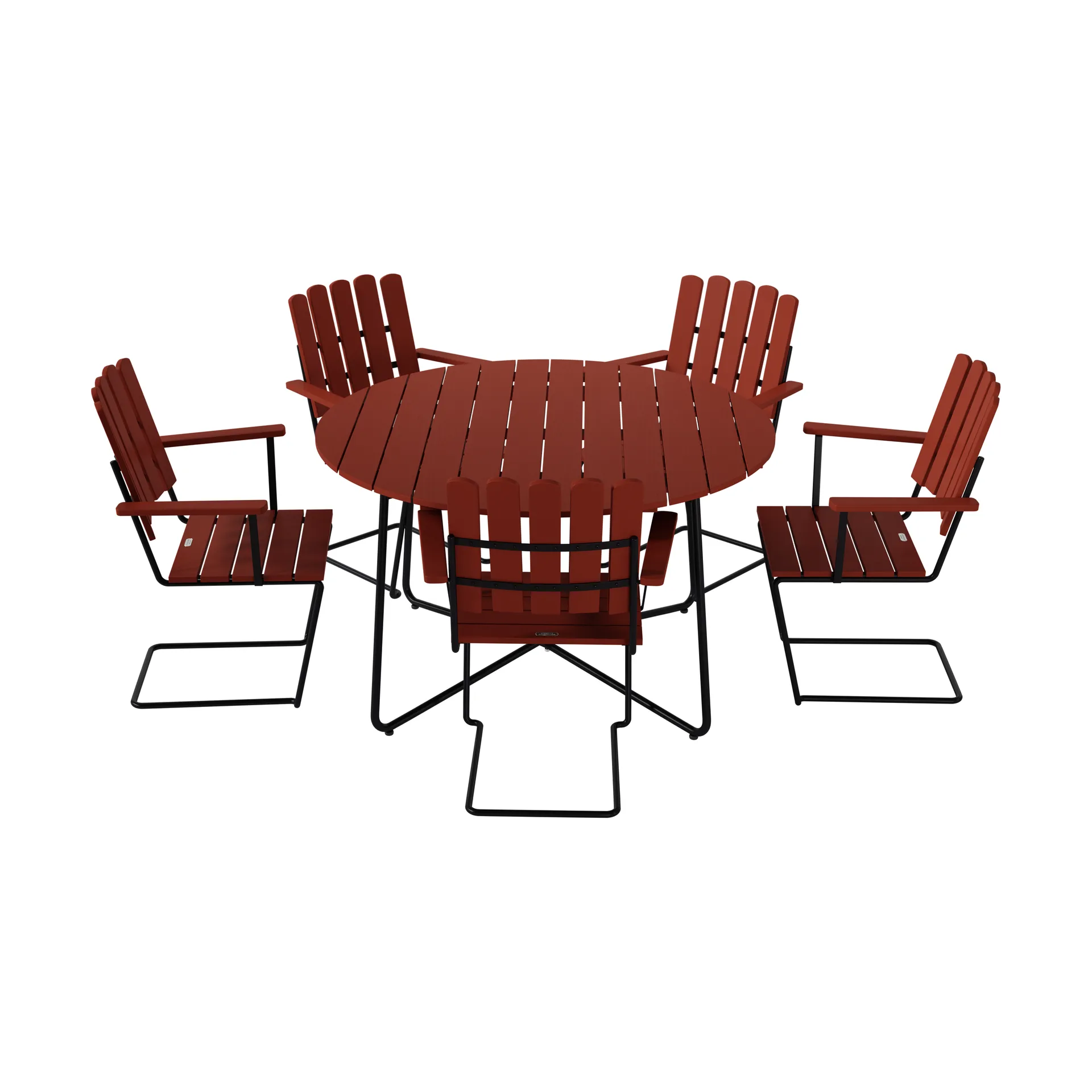 9A spisebord Ø120 cm + 5 A2 lænestol, mørkerød eg-sort stel,  Grythyttan Stålmöbler