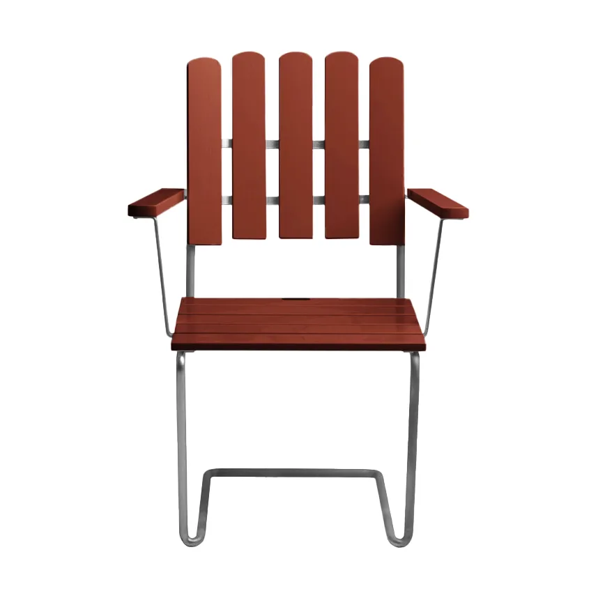 A2 lænestol, Mørkerød lakeret eg-varmforzinket stel Grythyttan Stålmöbler