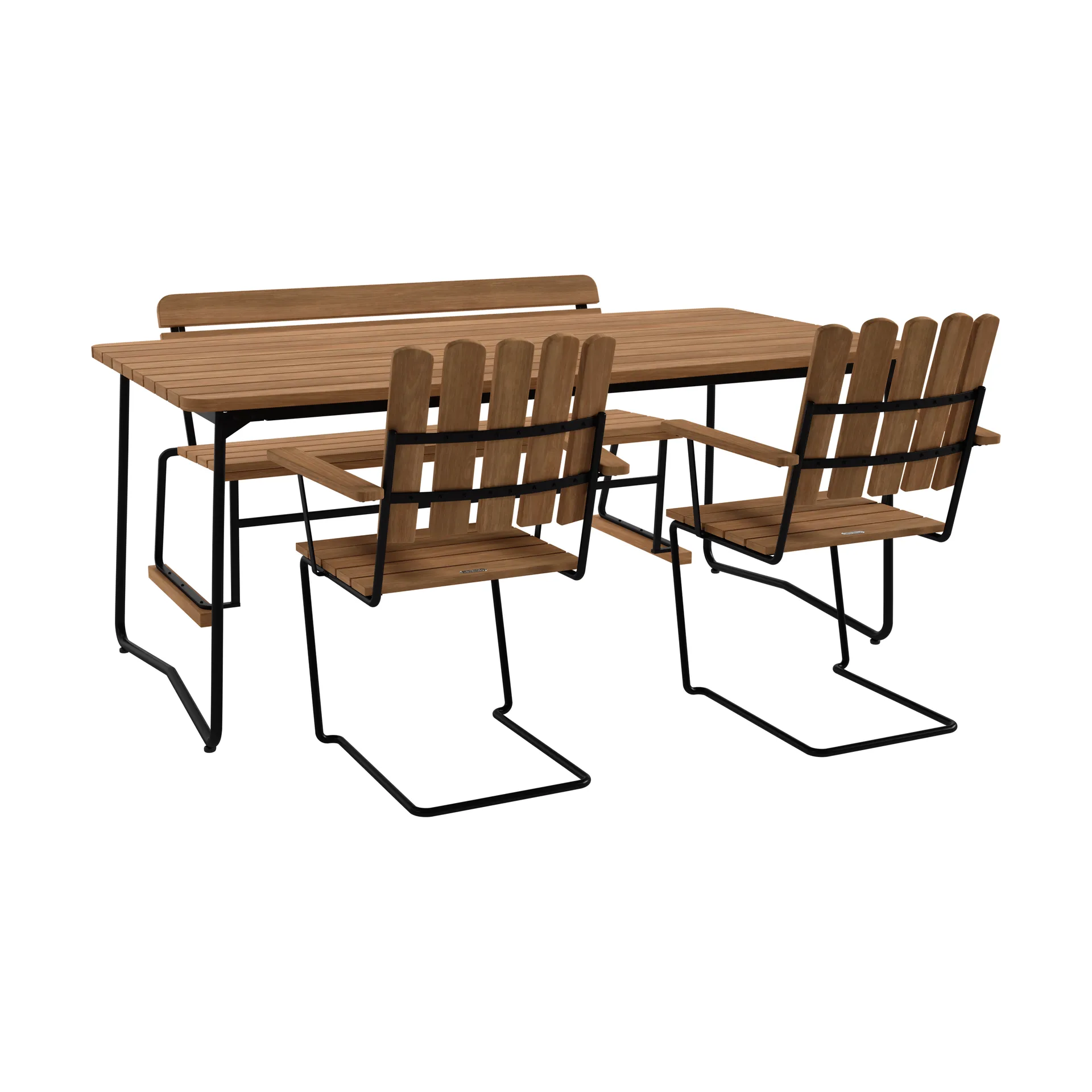 B31 bord 170 cm + 2 A2 lænestol + sofa 3, teak-sort stel,  Grythyttan Stålmöbler