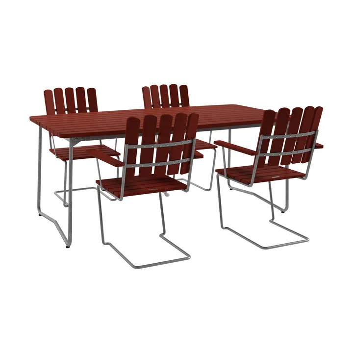 B31 bord 170 cm + 4 A2 lænestol, mørkerød-varmgalvaniseret stel - Grythyttan Stålmöbler