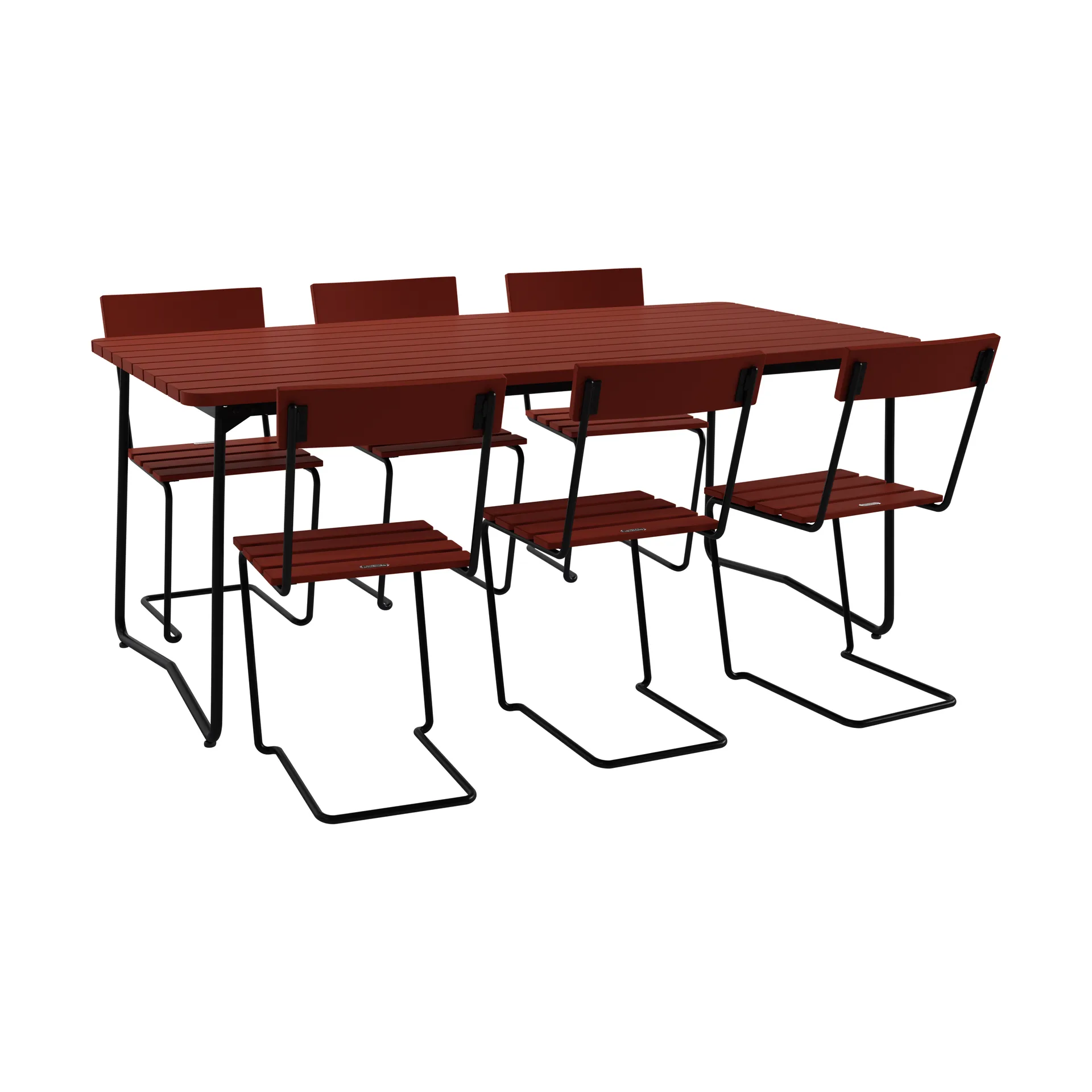 B31 bord 170 cm + 6 Stol 1, mørkerød eg-sort stel,  Grythyttan Stålmöbler