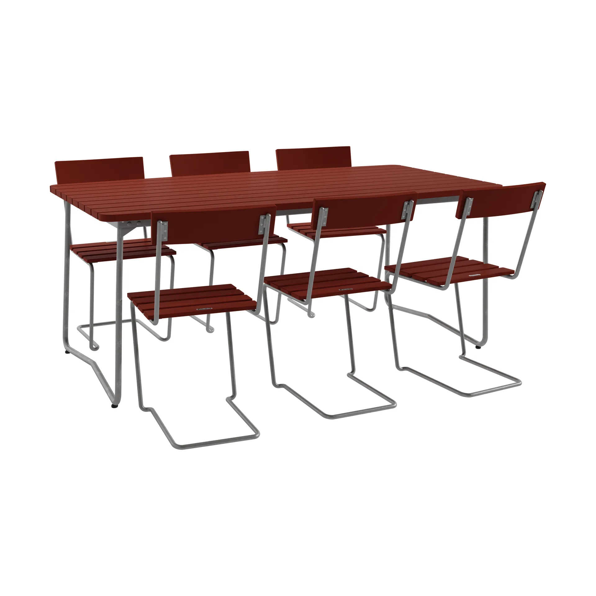 B31 bord 170 cm + 6 Stol 1, mørkerød-varmforzinket stel,  Grythyttan Stålmöbler
