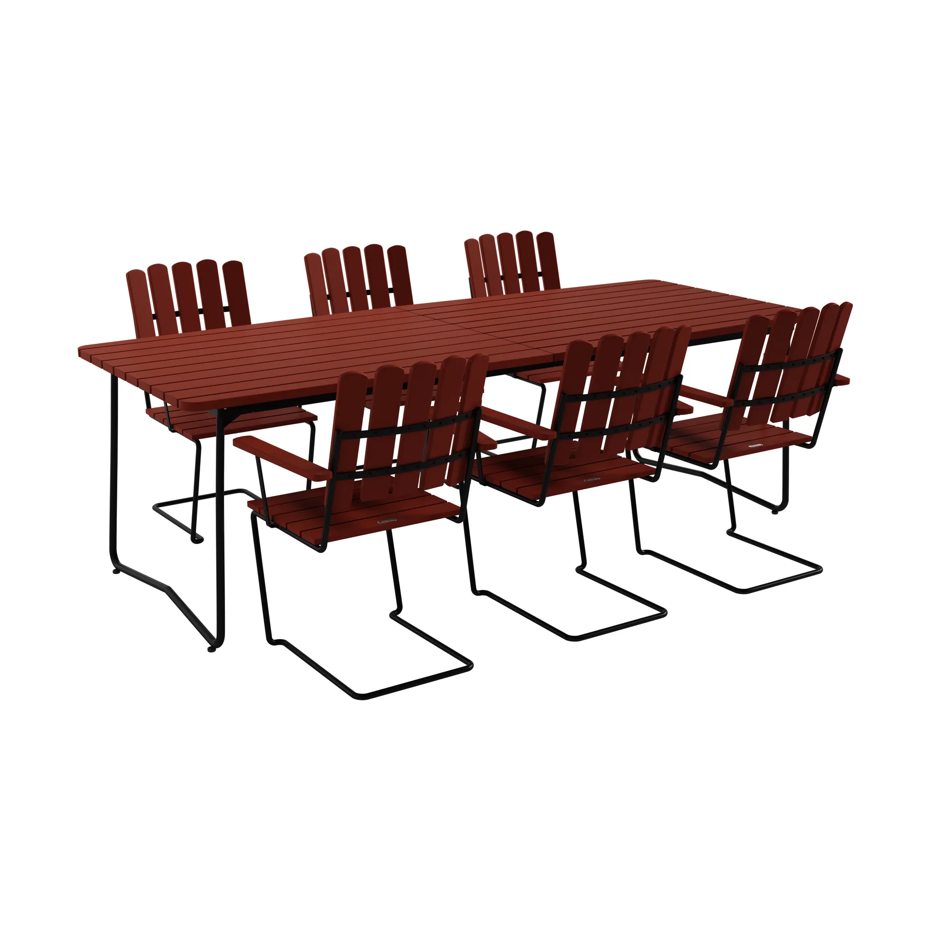 B31 bord 230 cm + 6 A2 lænestol, mørkerød eg-sort stel,  Grythyttan Stålmöbler
