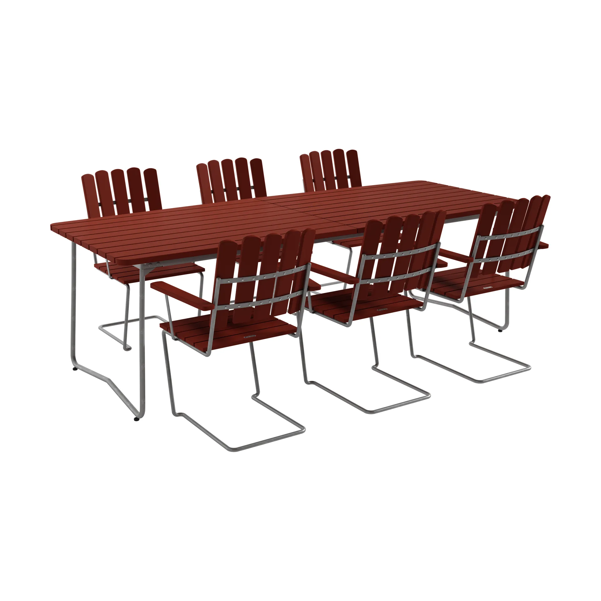 B31 bord 230 cm + 6 A2 lænestol, mørkerød-varmgalvaniseret stel,  Grythyttan Stålmöbler