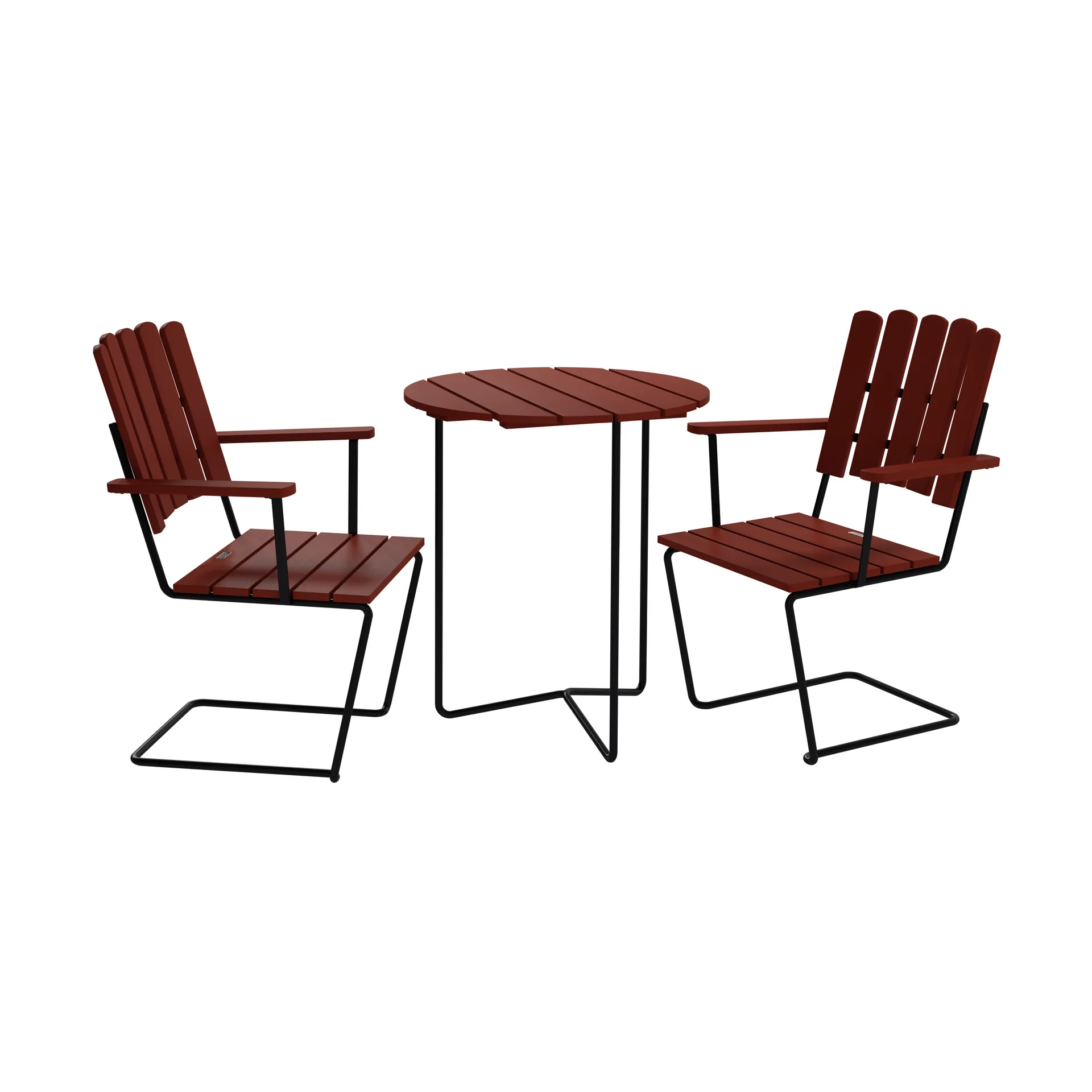 Table 6B bord + 2 A2 lænestol, mørkerød eg-sort,  Grythyttan Stålmöbler