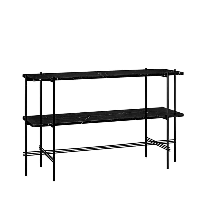 TS Console afsætningsbord 120x30x72 cm - black marquina marble, sort understel, 2 marmorhylder - GUBI