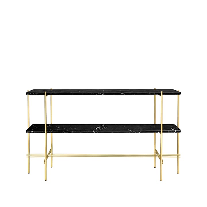 TS Console afsætningsbord 120x30x72 cm - black marquina marble, understel i messing, 2 marmorhylder - GUBI