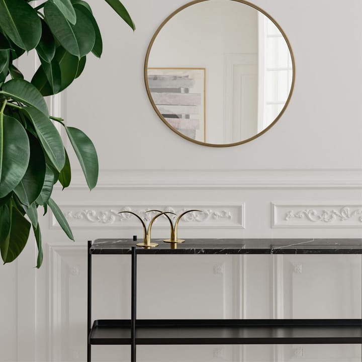 TS Console afsætningsbord 120x30x72 cm, natural white travertine, messingstel, 2 marmorhylder GUBI