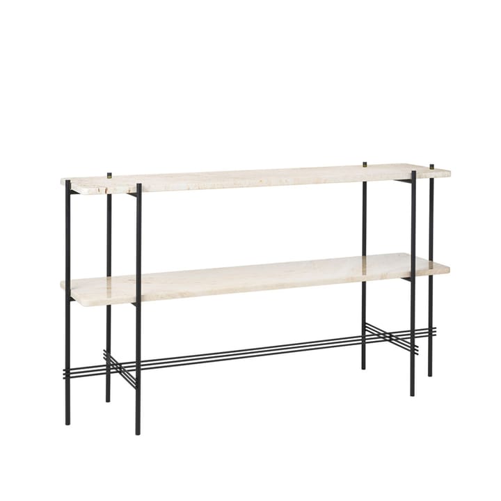 TS Console afsætningsbord 120x30x72 cm, natural white travertine, messingstel, 2 marmorhylder GUBI