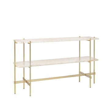 TS Console afsætningsbord 120x30x72 cm - natural white travertine, messingstel, 2 marmorhylder - GUBI