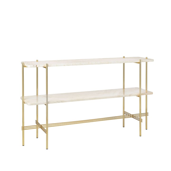 TS Console afsætningsbord 120x30x72 cm, natural white travertine, messingstel, 2 marmorhylder GUBI