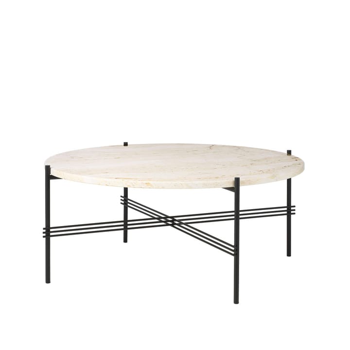 TS Round sofabord - natural white travertine, Ø80, sort stel - GUBI